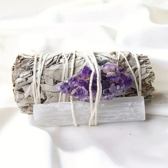 White Sage, Amethyst & Selenite Wand For Home Cleansing - ONE BUNDLE - Picture 1 of 2